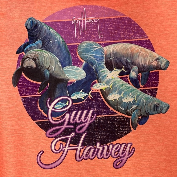 NWT Guy Harvey Long Sleeve UPF 30 Manatee Hoodie Graphic Peach/Orange Sz Small - Picture 4 of 8